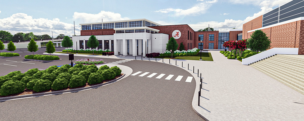 Rendering of the front exterior of the Basketball Practice Facility viewed from a distance